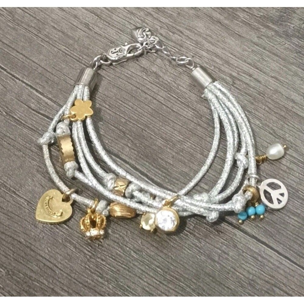 Juicy Couture Heart Real Pearl Crown Charm Silver Tone Multi Strand Bracelet